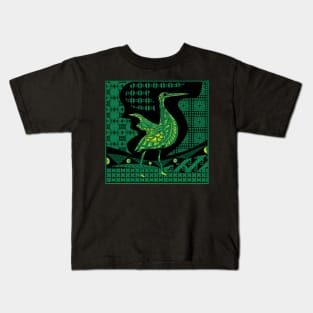 egret bird in talavera nest in mexican pattern art ecopop in dark green Kids T-Shirt